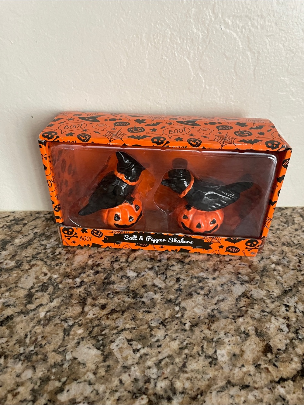 Orange and Black Halloween Crow Pumpkin Salt & Pepper Shakers